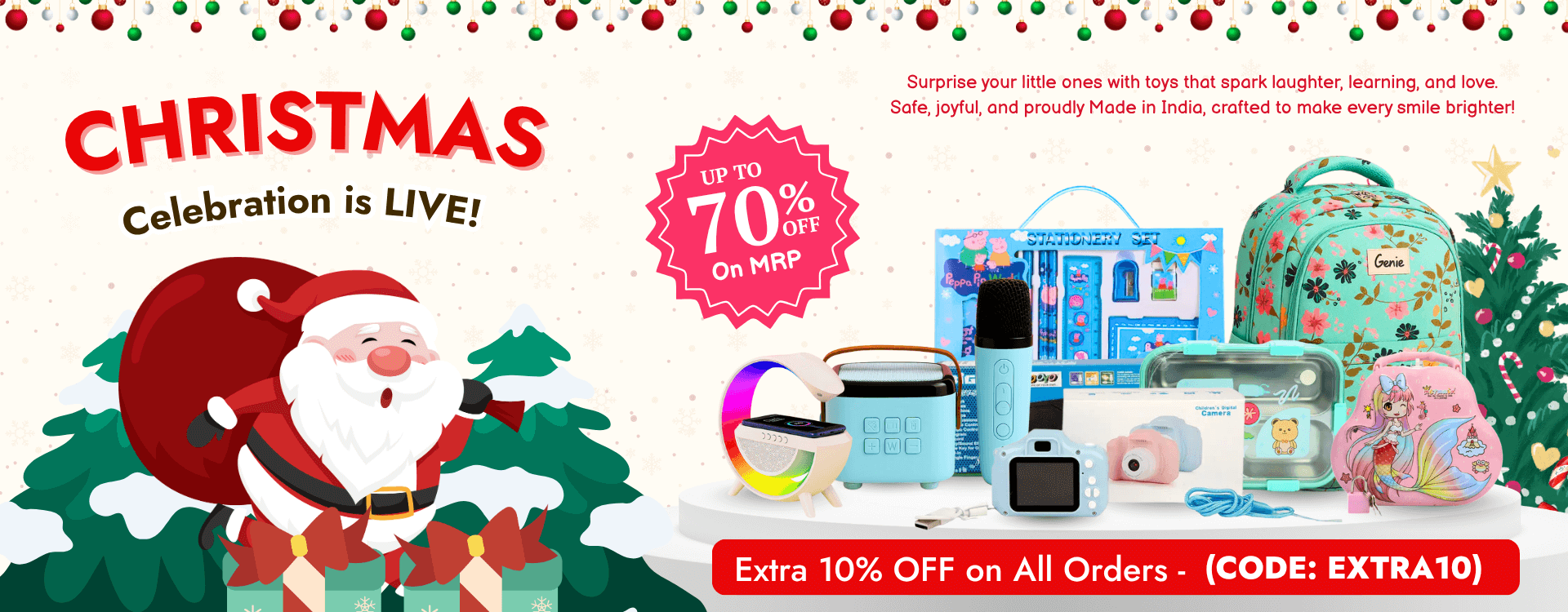 Sognoz Christmas Sale banner featuring Santa, festive decorations, kids’ school bags, toys, digital cameras, microphones, and stationery sets with up to 70% off and extra 10% discount.